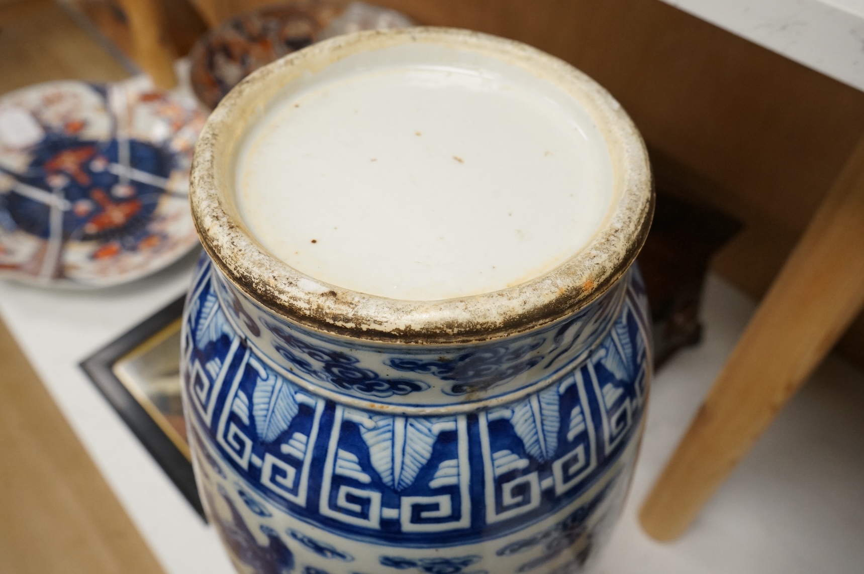 A Chinese baluster vase, painted with Buddhist lions in underglaze blue, 45cm high
